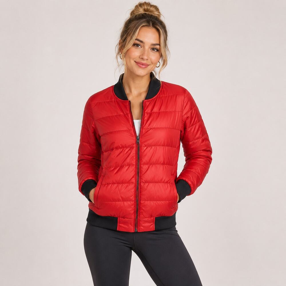 Athleta Jacket Red Dobby Quilted Goose Down Puffer Bomber Coat Women's Size S